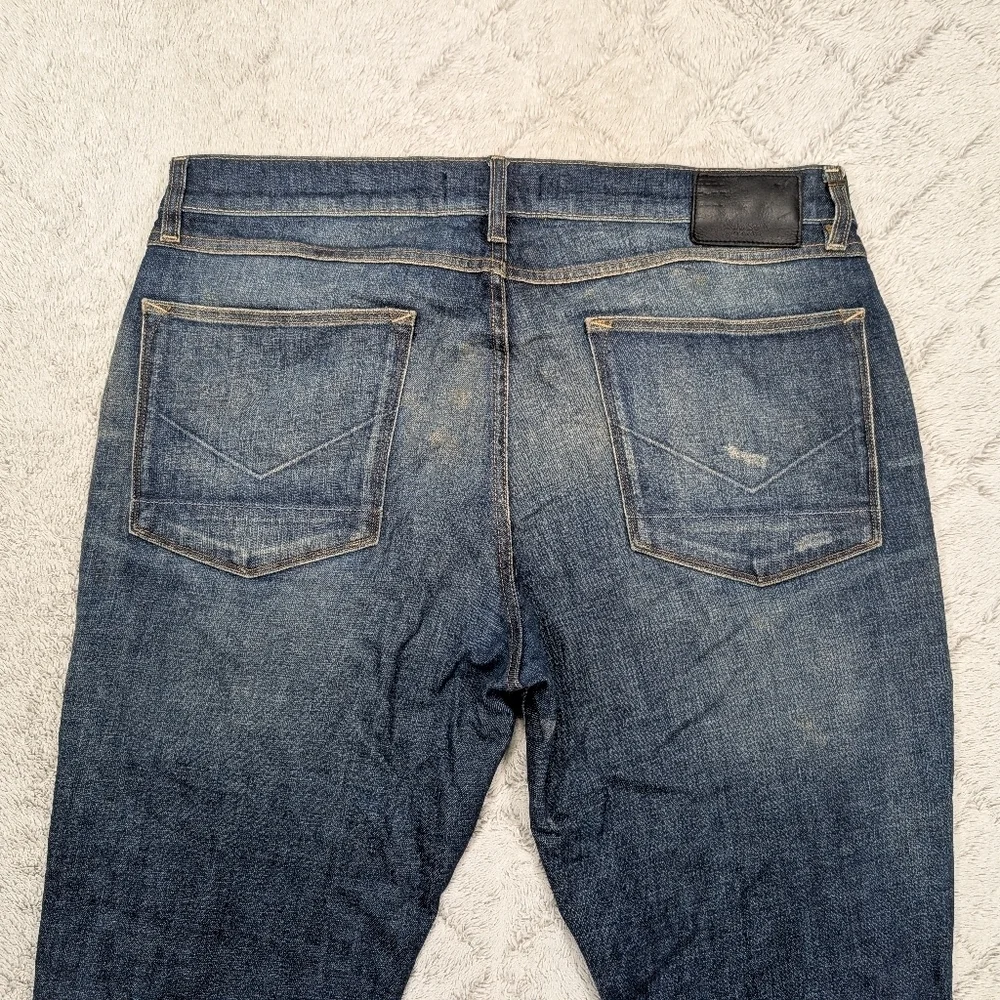 Hudson Jeans Mens 36x32 Blue Dark Wash Sartor Relaxed Skinny Distressed Moto